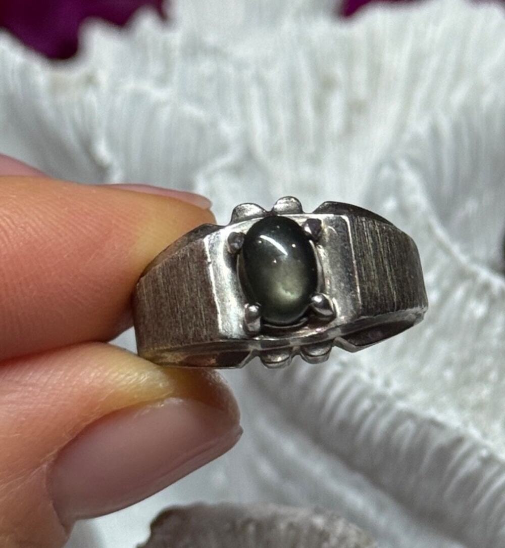 Men'S 925 Sterling Silver Cat'S EYE Tourmaline Ring Size 9